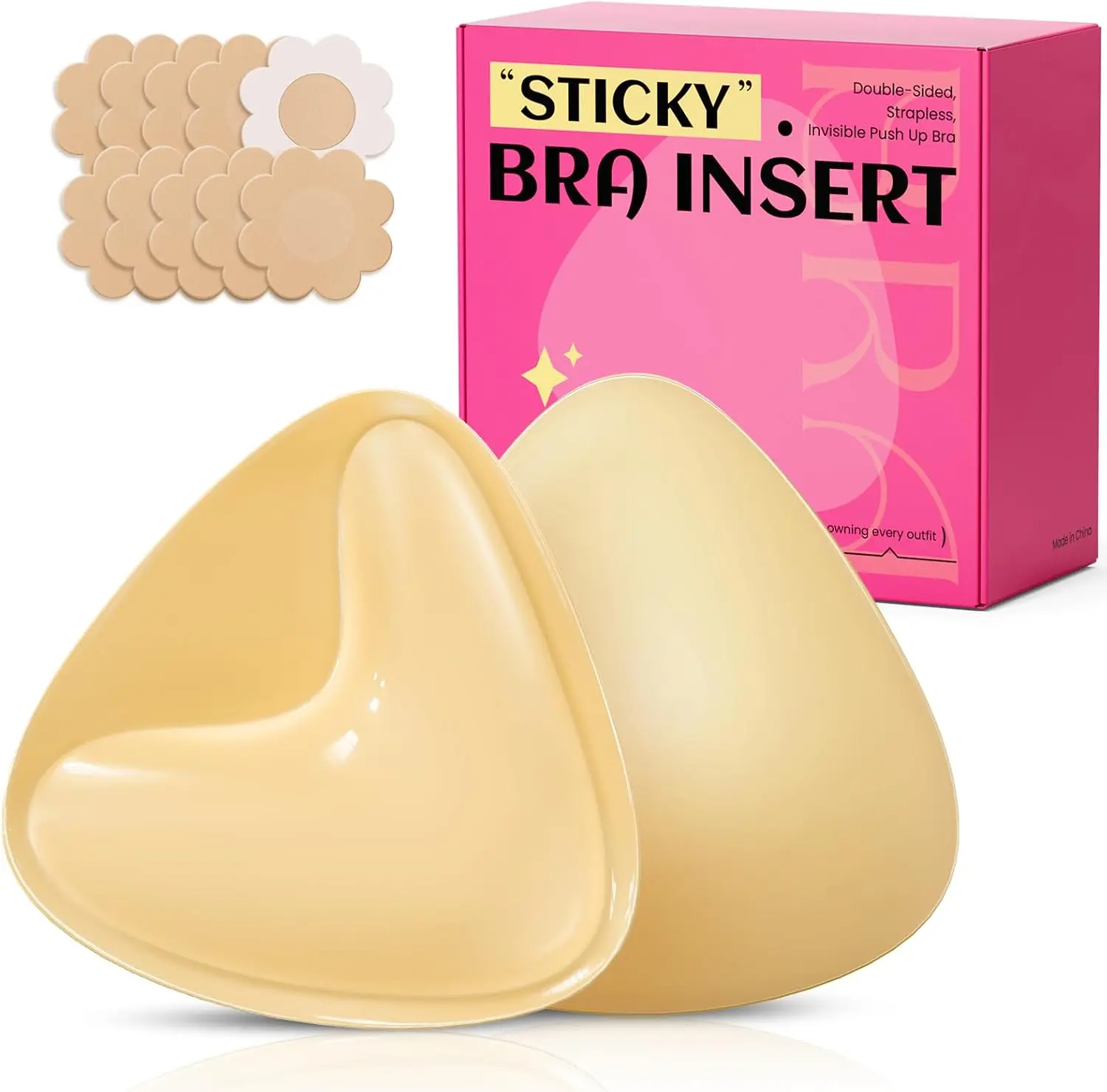 Double Sided Sticky Bra Inserts Invisible Push Up Sticky Bra Pads for Large Breasts, Strong Hold Medium, Beige