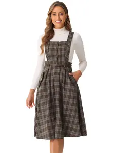 INSPIRE CHIC Women's Vintage Sleeveless A-Line Plaid Overall Pinafore Dress
