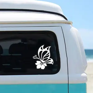Butterfly with Hibiscus Flower Car Vinyl Decal, Hawaii Decal on Window Bumper Mirror Rear, Wild Nature Spring Summer Car Decals for Women, Girls, Men, Good for Car, Truck, RV, Van, Bike