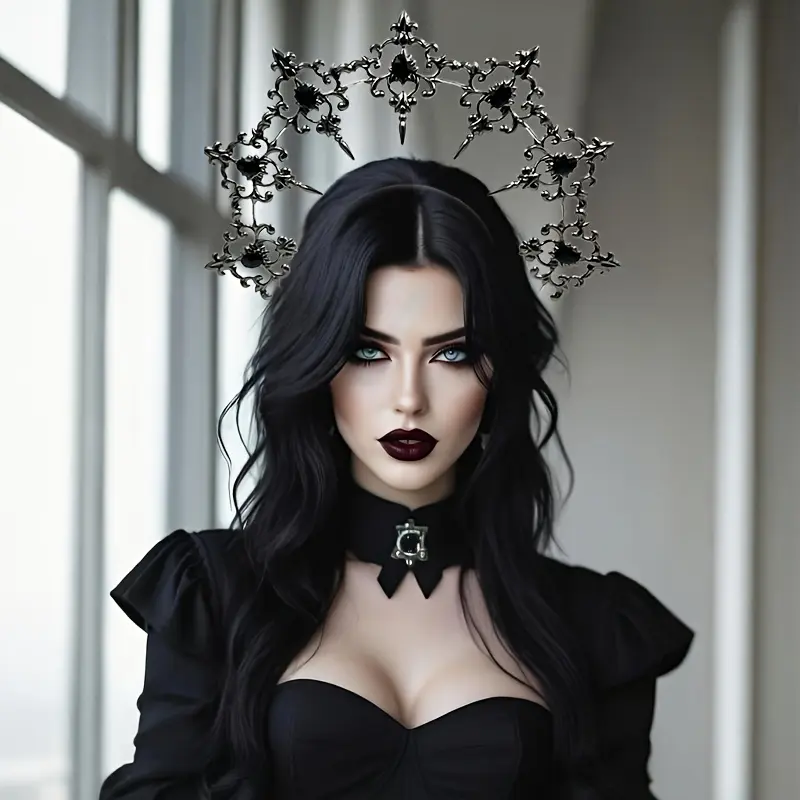 Baroque Style Light Halo Crown Headband Goddess Headdress, Fashionable Party Royal Halo Crown, Gothic Halloween Accessories, Vintage Faux Pearl Headwear for Parties and Performances, Party Accessories Headband, Cosplay Metal Headband
