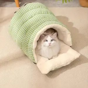 For Deep Winter Slumber.Semi-Enclosed Cat/Dog Sleeping Bag, Shaped Beds |   Machine Washable, Warm Foldable Pet House for Anxiety