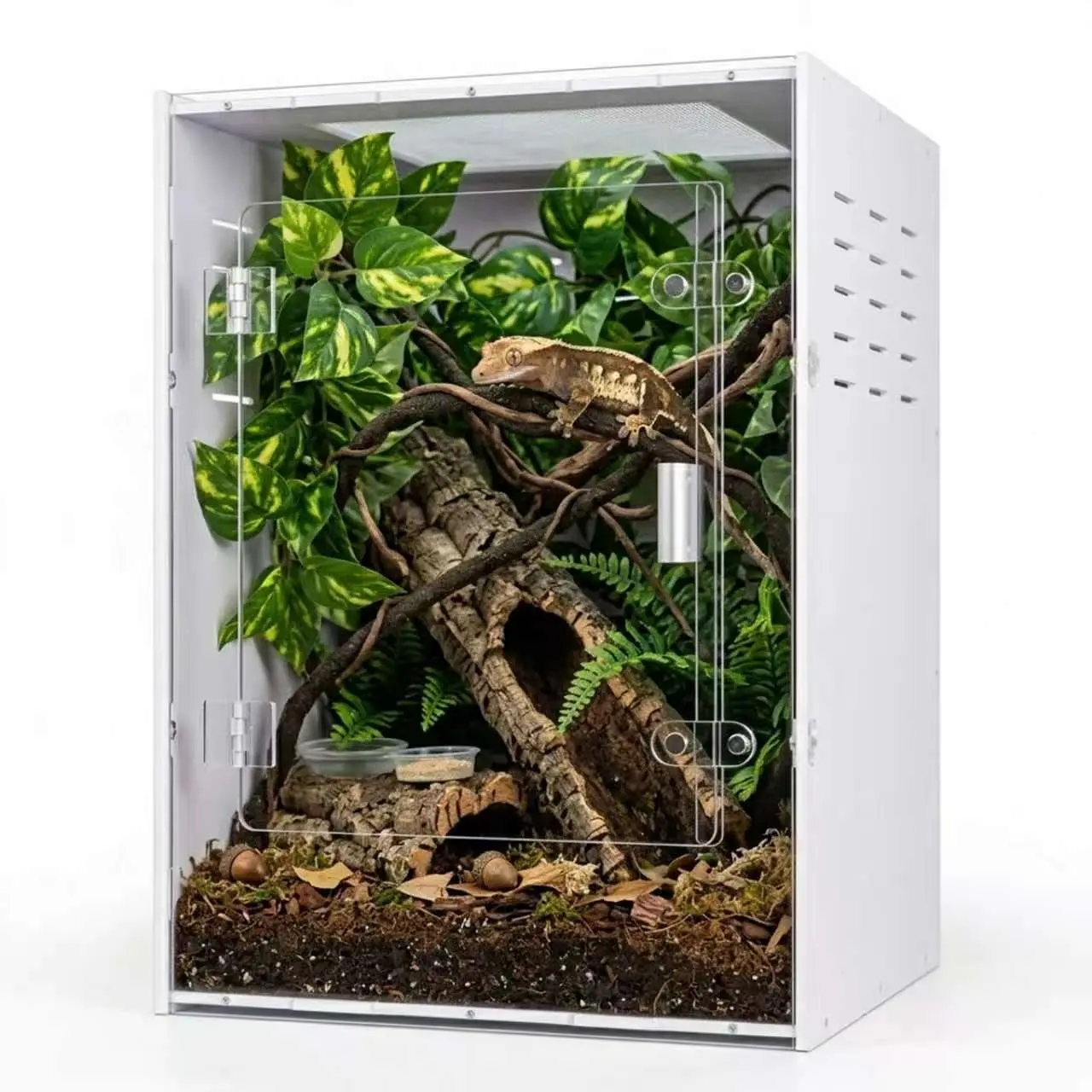 MonsterBox 12x12x18 White PVC Reptile Terrarium - Vertical Habitat for Crested Gecko & Tree Frog, with Screen Top, Lockable Front Door