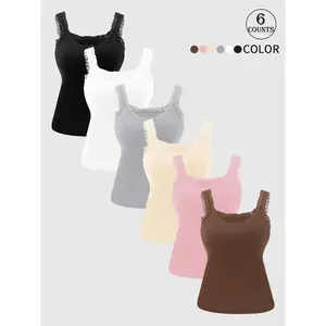 6pcs women sleeveless high stretch basic tank top underwear with lace trim round neck soft skin friendly fabric built in lining for layering or outerwear