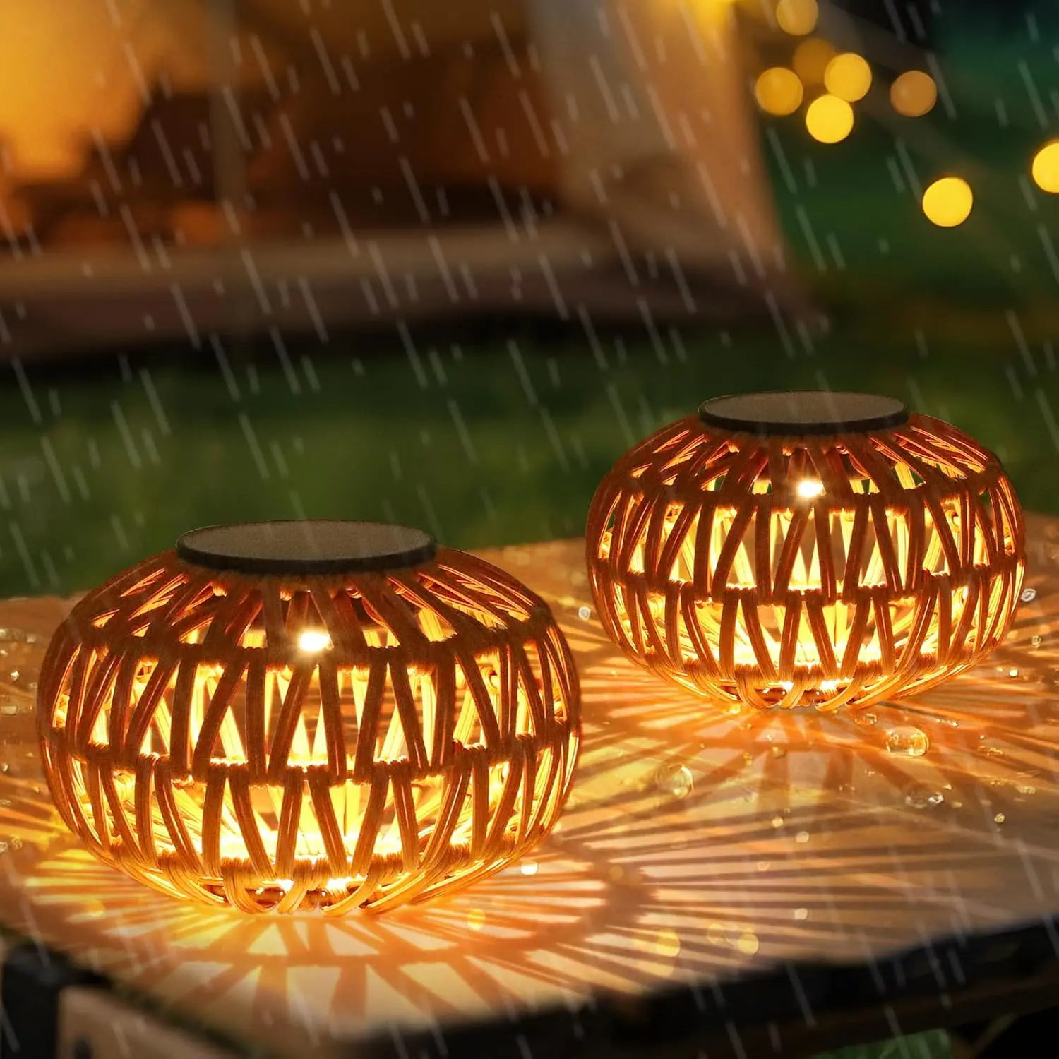 2-Pack Solar Rattan Table Lanterns, Waterproof Outdoor Warm LED Lights with Auto On/Off, Decor for Garden, Patio, Porch