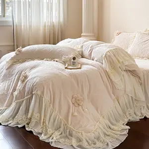 4pcs Carved Milk Velvet Embroidery Lace Bow Four-piece Set Set Romantic Princess Style Stitching Design Home Applicable Removable Bow Breathable Sweatless Perfect Gift Soft Bedding Sets