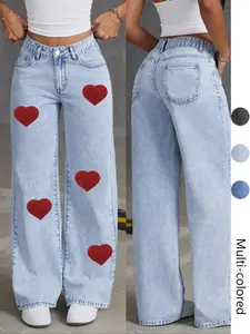 Women's Embroidered Heart Pocket Button Jeans, Casual Fashion Comfort Pants, Perfect for Daily Wear, All Seasons Essential, High Waist