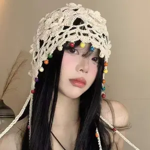 Large Head Circumference Handmade Knitted Beanie for Women, Thin, Breathable, Hollow Crochet Stackable Hat with Tassels, Knitted Yarn Hat