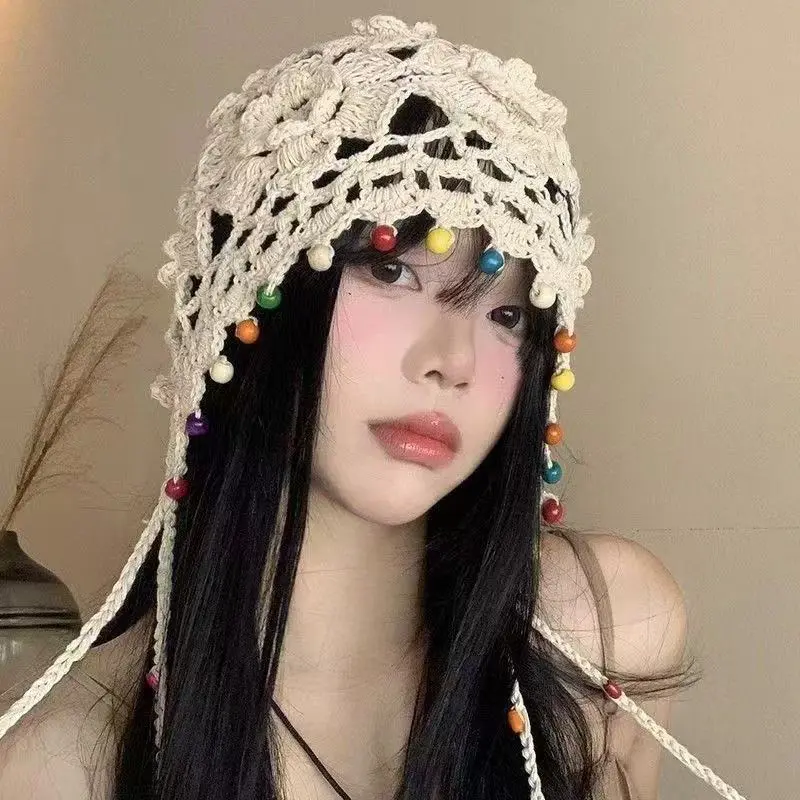 Large Head Circumference Handmade Knitted Beanie for Women, Thin, Breathable, Hollow Crochet Stackable Hat with Tassels, Knitted Yarn Hat
