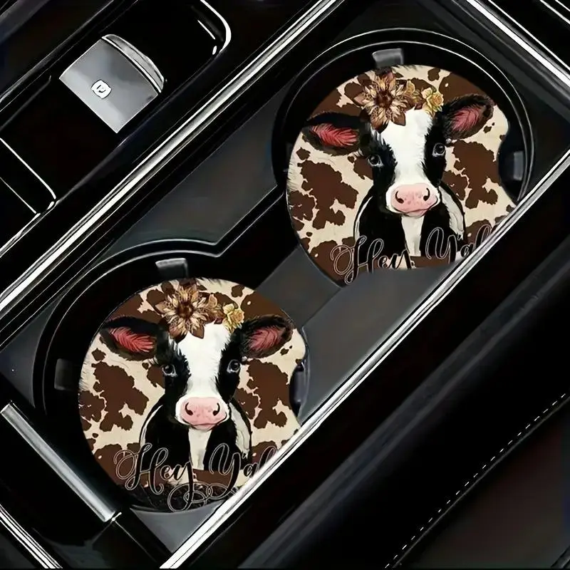 Cute Cow Pattern Car Coaster, Groove Design Non-slip Heat Insulation Car Cup Holder Coaster, Car Interior Decoration Accessories for Women & Men