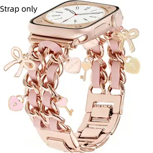 1PC fashionable metal double chain leather rope hanging accessory chain style Apple Watch bands, compatible with Apple Watch 38/40/41/42/44/45/46/49mm, suitable for Apple Watch series Ultra/SE/11/10/9/8/7/6/5/4/3/2/1 (strap only, watch and case not includ