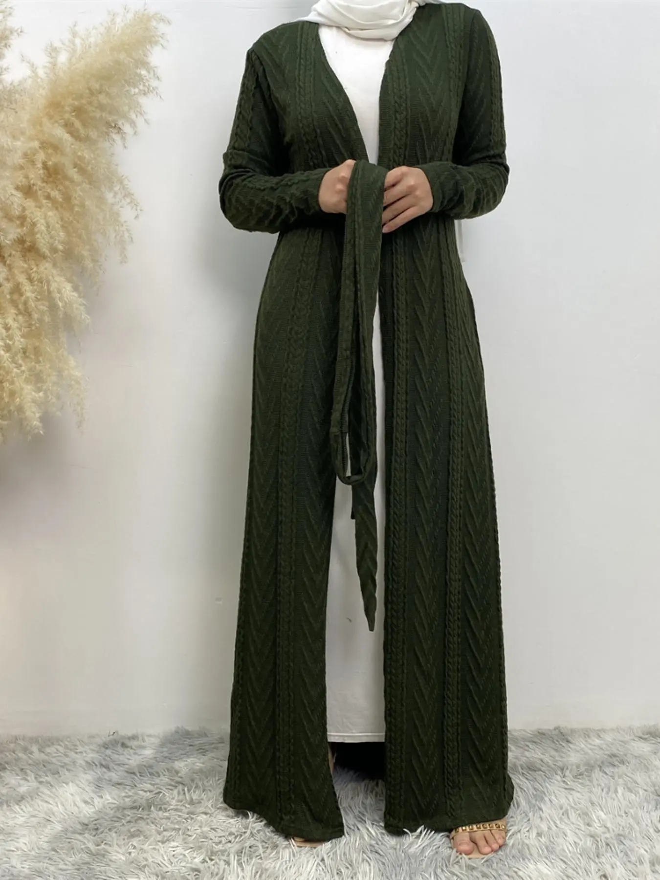 Women's Solid Long Sleeve Belted Abaya Without Hijab, Elegant Pocket Long Sleeve Open Front Outerwear, Fashion Muslim Clothing, Elegant Islamic Clothing For Fall & Winter