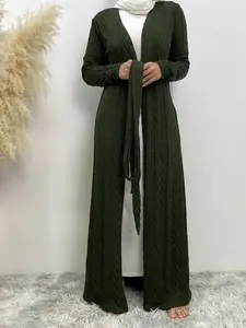 Women's Solid Long Sleeve Belted Abaya Without Hijab, Elegant Pocket Long Sleeve Open Front Outerwear, Fashion Muslim Clothing, Modest Muslim Outfits For Fall & Winter