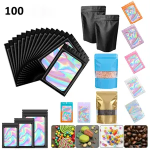 100Pcs Holographic Mylar Foil Bags Smell Proof Resealable Zip Seal Pouches