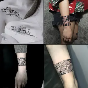 4 Large Herbal Tattoo Stickers, Including Mountains and Seas, Cherry Blossoms, Waves, Maya Elements and Other Styles, Lasting for 7-15 Days, Waterproof and Anti-Friction, Real Effect, Suitable for People Who Are Afraid of Pain, Do Not Want to Tattoo