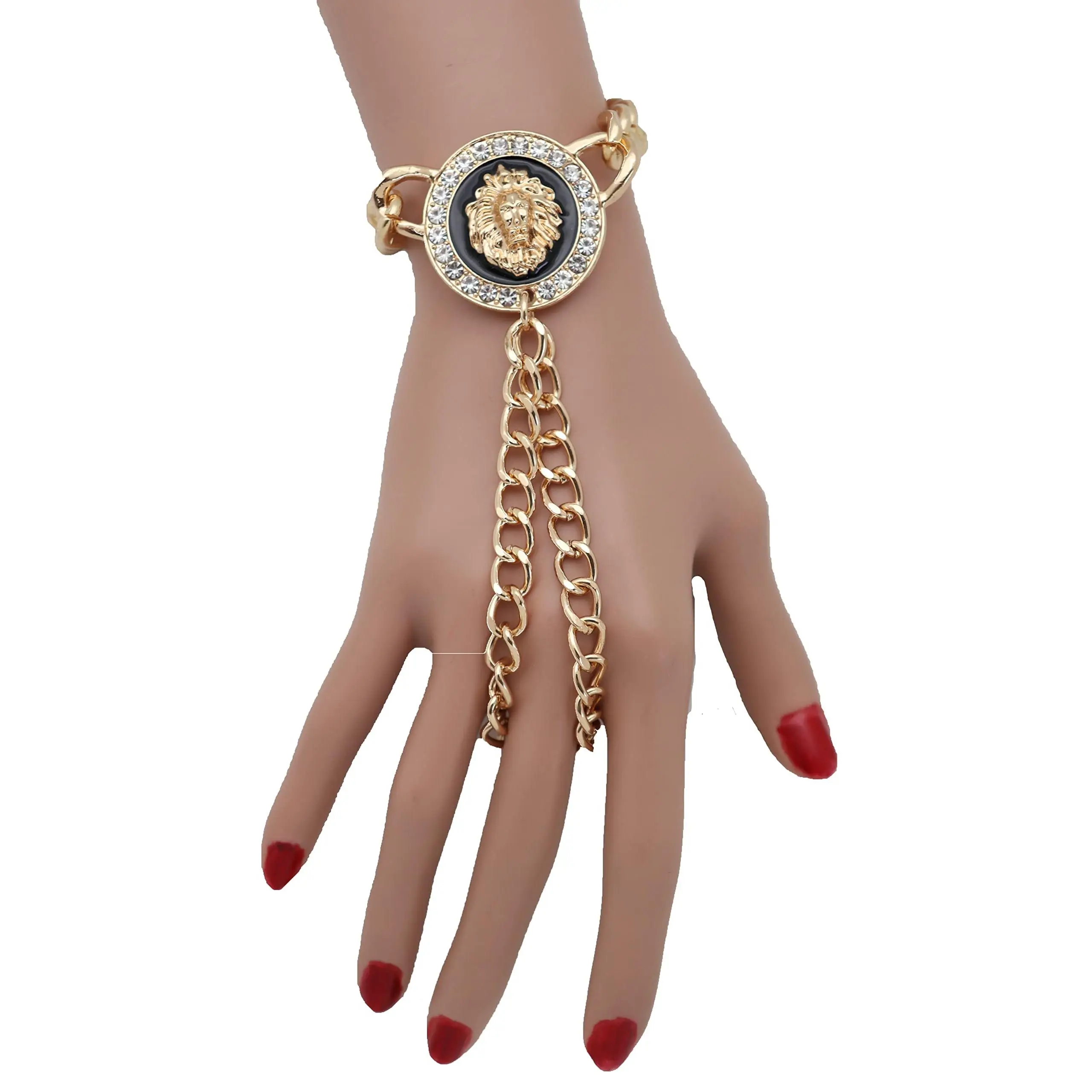 Women Gold Metal Lion Bracelet - Fashion Jewelry Hand Chain Charm Connected Ring crocodile cuff bracelet One size