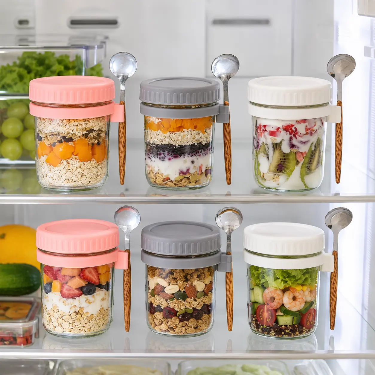 Airtight Overnight Oats Jar with Spoon - 3 Colors, 11.8 oz/350 ml BPA-Free Bisphenol A-Free Kitchen Fridge Container, Single Serve Meal Prep Cup with Lid, Measurement Marks, Spoon Holder for College Dorm, Travel