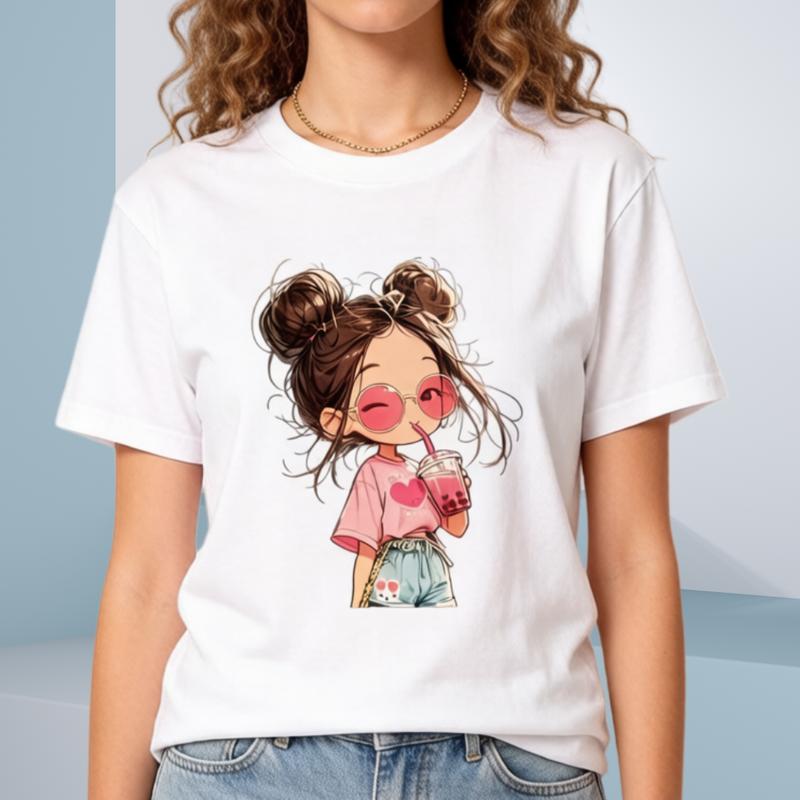 Women's Basic Lightweight Pure Cotton Oversized Tee - Short Sleeves, Cute Double Bun Art Boba Girl Graphic Print, Casual Aesthetic Streetwear T-Shirt, Viral TikTok Top (XS-6XL) with Free Gift by Sohochic