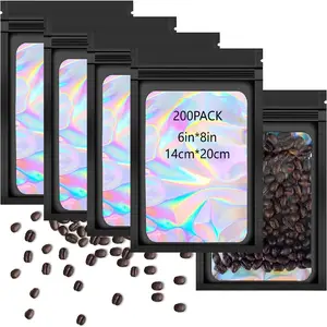 200 Pcs Glossy Holographic Organiser Bags Reusable Self-Sealing Storage with Odor Proof Window for Food Candy Jewelry 6in*8in 14cm*20cm