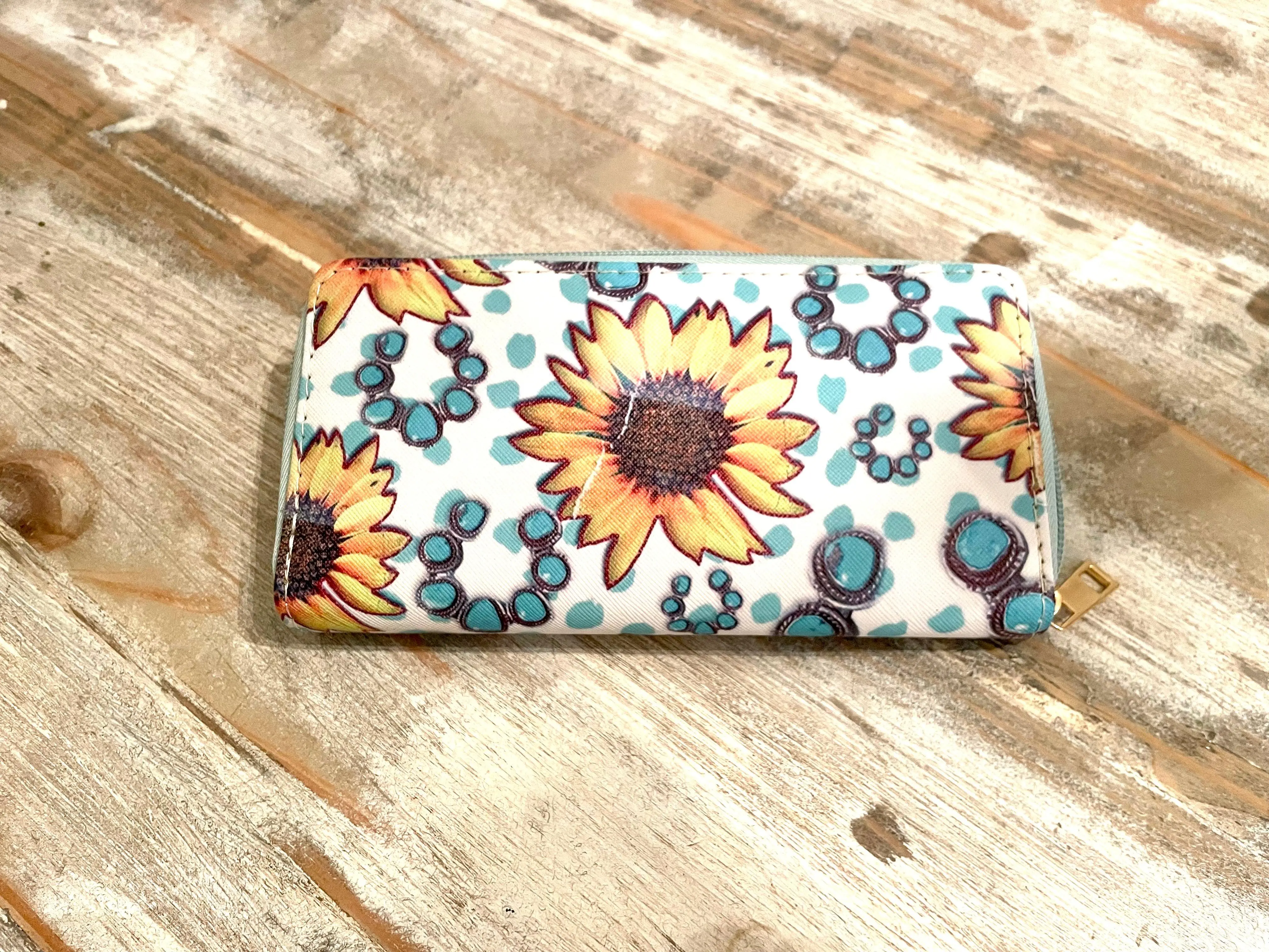 Women's Sunflower-Turquoise Wallets with Cute Design for Everyday Carry, Cute Design Women's Wallets, Everyday Carry Women's Wallets