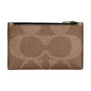 COACH Card Case 13 – Logo-Print Zip Closure Wallet for Men and Women, Coated Canvas and Faux Leather, Tan Brown