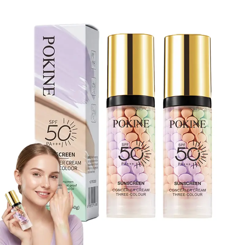 3 Bottles 3-in-1 Color Correcting Facial Serum, Moisturizing Primer, SPF 50 PA+++, Brightening Primer for Even Skin Tone, Oil Control & Refreshing, Purple, Pink & Green Tones
