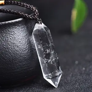 Women Men Crystal Necklace, Clear Quartz Hexagonal Point Pendant Cord Necklace, Healing Balance Necklace, Gift for women men, Christmas Birthday gift