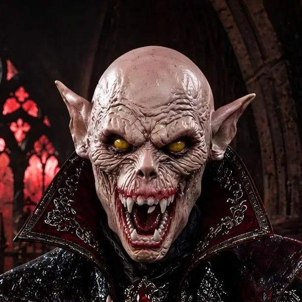 Gothic Hyper Realistic Scary Vampire Latex Mask, Full Head Monster Face Cover with Pointed Ears & Fangs, Comfortable Halloween Cosplay Costume Party Prop