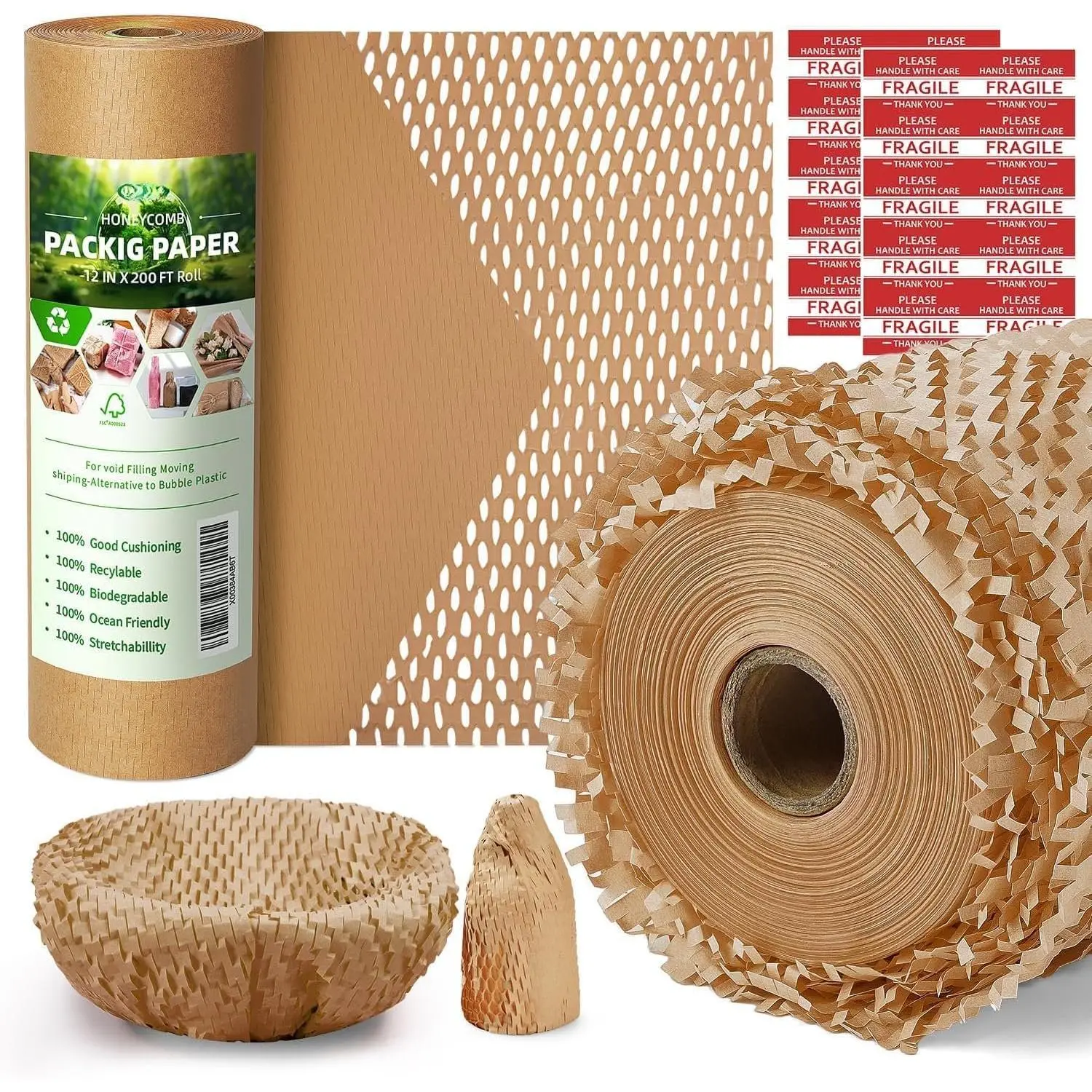 100% Recyclable Honeycomb Packing Paper - 12 in x 200 ft Easy-to-Use Green Alternative to Plastic Mailing Material, with 20 Fragile Sticker Labels for Small Business Packing, Shipping