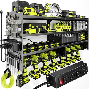 Large Power Tool Organizer Wall Mount with  Station,4 Layer Heavy Duty Metal Tool Storage Rack Loads 600lbs with 8 Cordless Drill Holder, Utility Rack Loads with 4 Power Strip