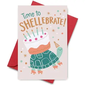 Turtle Birthday Card, 1 Count Cute Cartoon Turtle Birthday Greeting Card with Party Hat & Cake, Birthday Gift for Friends, Family, Coworkers, Fun Party Cards