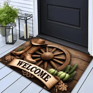 Western Cowboy Welcome Doormat, Rustic Wagon Wheel and Boot Design, Decorative Floor Mat with Cactus Pattern, Soft and Practical, Ideal for Indoor Home Decor in Living Room and Bedroom