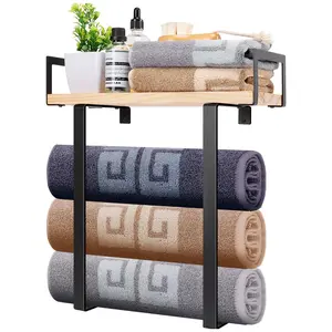 Towel Rack with Wooden Shelf, All Metal Bath Towel Holder Rustproof Towel Storage, Bathroom Organizer