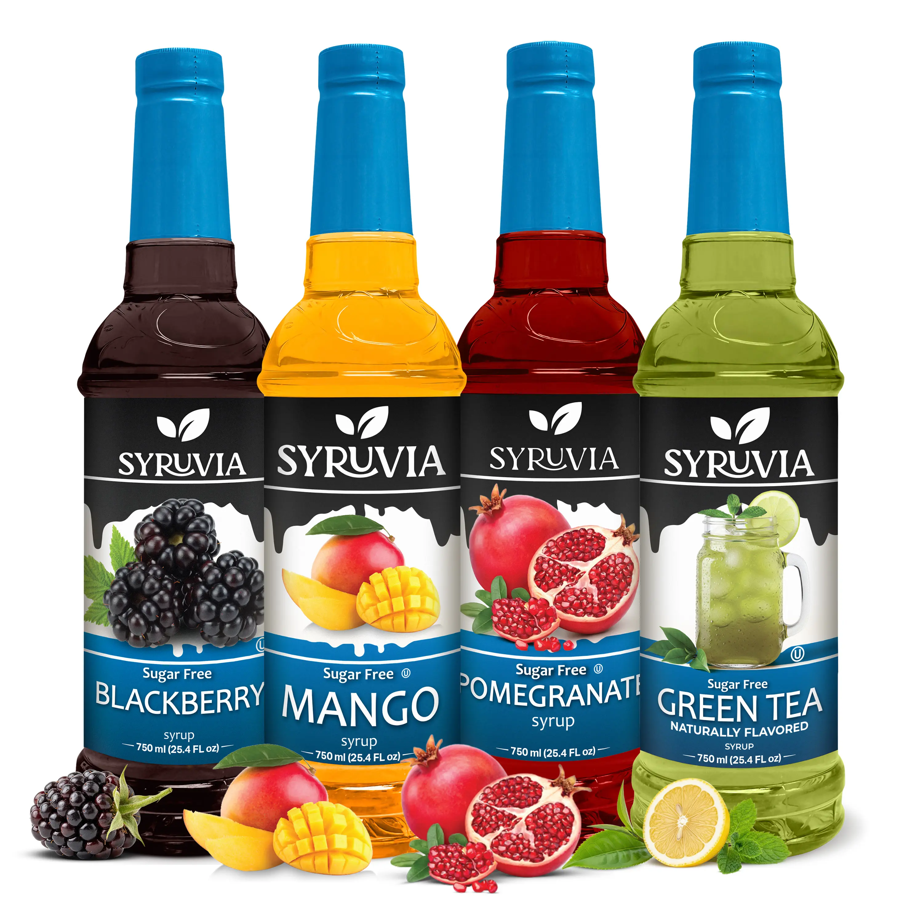 Syruvia Sugar Free Fruit Flavor Syrup Variety Pack - Blackberry, Mango, Pomegranate & Green Tea - Gluten-Free, Kosher, 25.4 fl oz Bottles - Refreshing Syrups for Beverages, Iced Tea & More (Pack of 4)