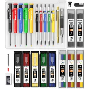 Nicpro 27 Pack Carpenter Pencil Set with Sharpener, Mechanical Carpenter Pencils with 100 Refill, Automatic Center Punch and Carbide Scribe Tool, Heavy Duty Construction Pencil for Architect-With Case