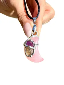 Transformation Love Moon Amulet Pendant with Black Satin Cord, Rose Quartz, Moldavite, Amethyst