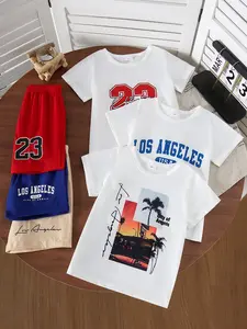 Summer Boys' Casual Print Solid Color Short Sleeve T-Shirt + Print Solid Color Shorts Six-Piece Set Outfit, Comfortable and Stylish