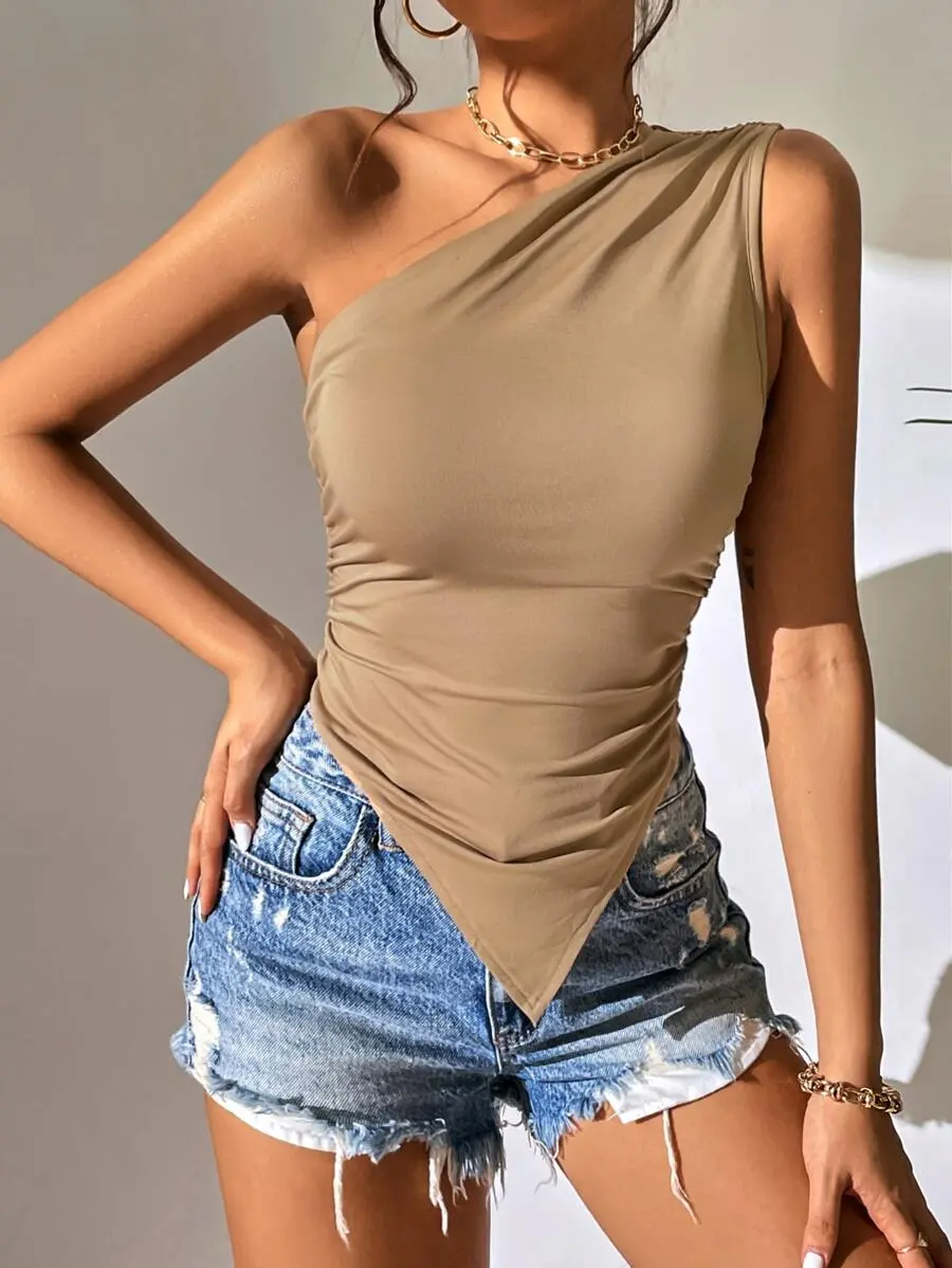 One Shoulder Ruched Side Asymmetrical Hem Top