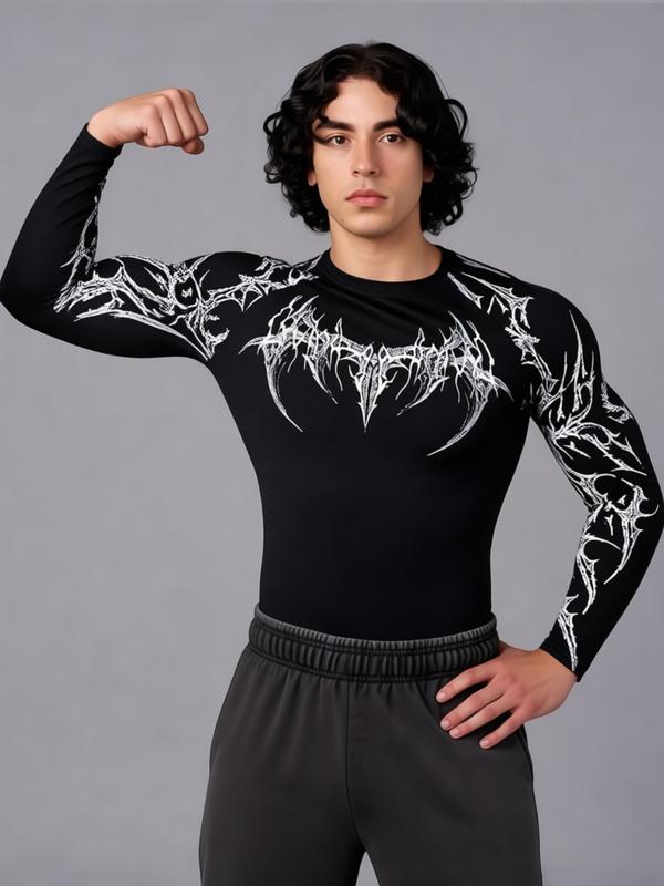Men's Professional Sports Quick-Dry Fitness Shirt, Gothic Print Long Sleeve, High Elasticity, Round Neck, Moisture-Wicking, Running, Training, Daily Wear, Gym Workout Shirt