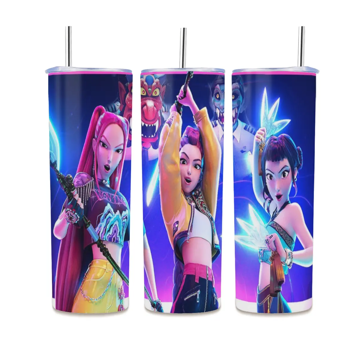 K Pop Hunters 20oz Straight Skinny Stainless Steel Tumbler with Straw, Hunter Girl Trio Mira Rumi Zoey Full Wrap Print Insulated Travel Cup, Anime Character Sublimation Water Bottle, Gift for Cartoon F