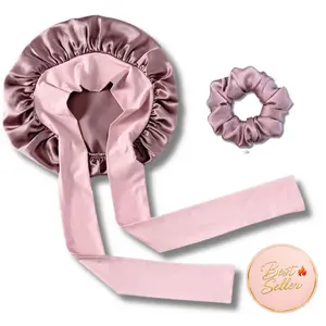 Mulberry Silk bonnet Sleep Set for hair with stretchy ties & matching scrunchie set