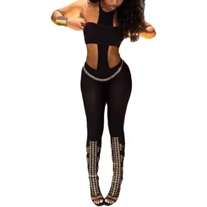 Wuitrie Women's Sexy Nigh Party 2 Piece Casual Outfits Off Shoulder Halter Tube Top Pant Solid Black Fall Sets