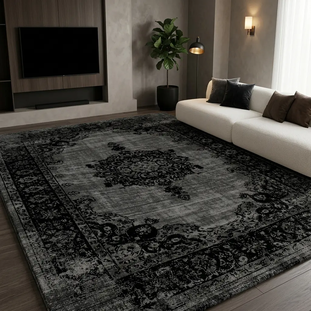 Black Vintage Washable Area Rug 8x10 5x8 4x6, Soft Velvet Low Pile Non Slip TPR Backing Indoor Carpet, Distressed Medallion Rug for Living Room Bedroom Dining Room Entryway Home Decor