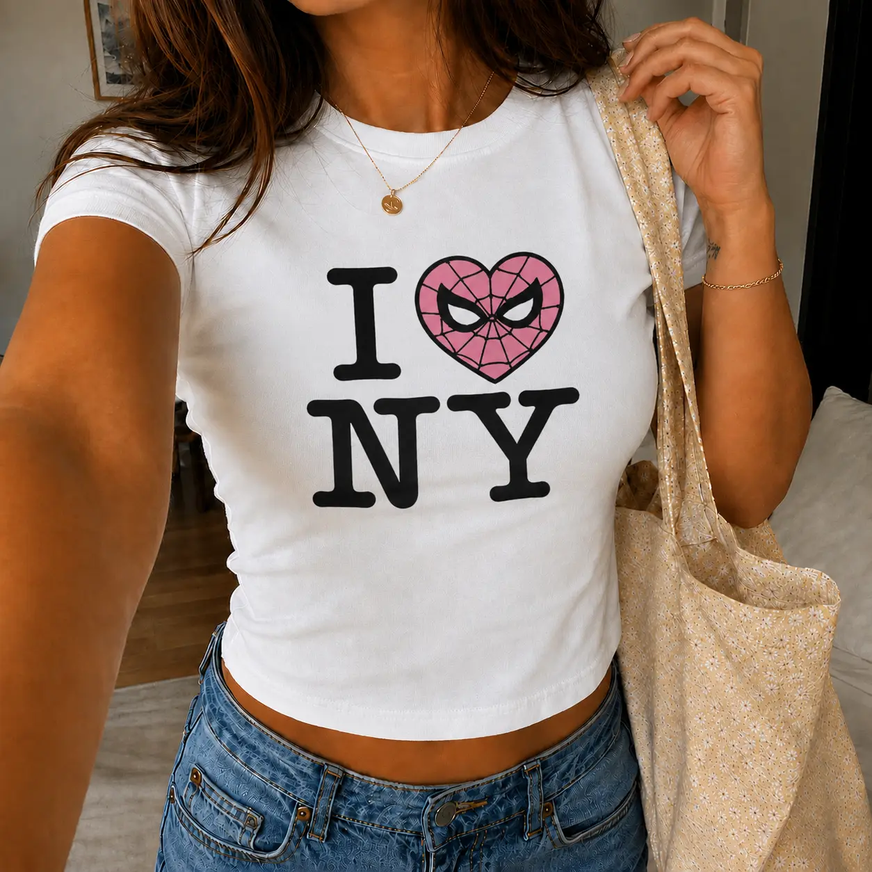 Y2K Spider Heart Baby Tee, I Love NY Tee, Gothic Spider Crop Top, Y2k Coquette Shirt, Minimal Spider Graphic Tee