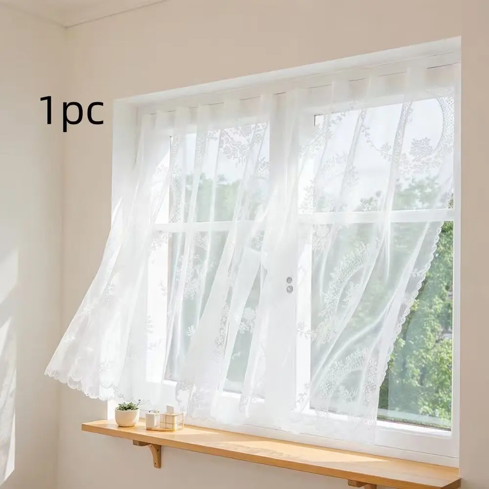 1pc Easy Hang Sheer Curtain with Hookless Velcro, Vintage Floral Lace Trim, Breathable & Easy Clean Fabric, Multiple Sizes Available