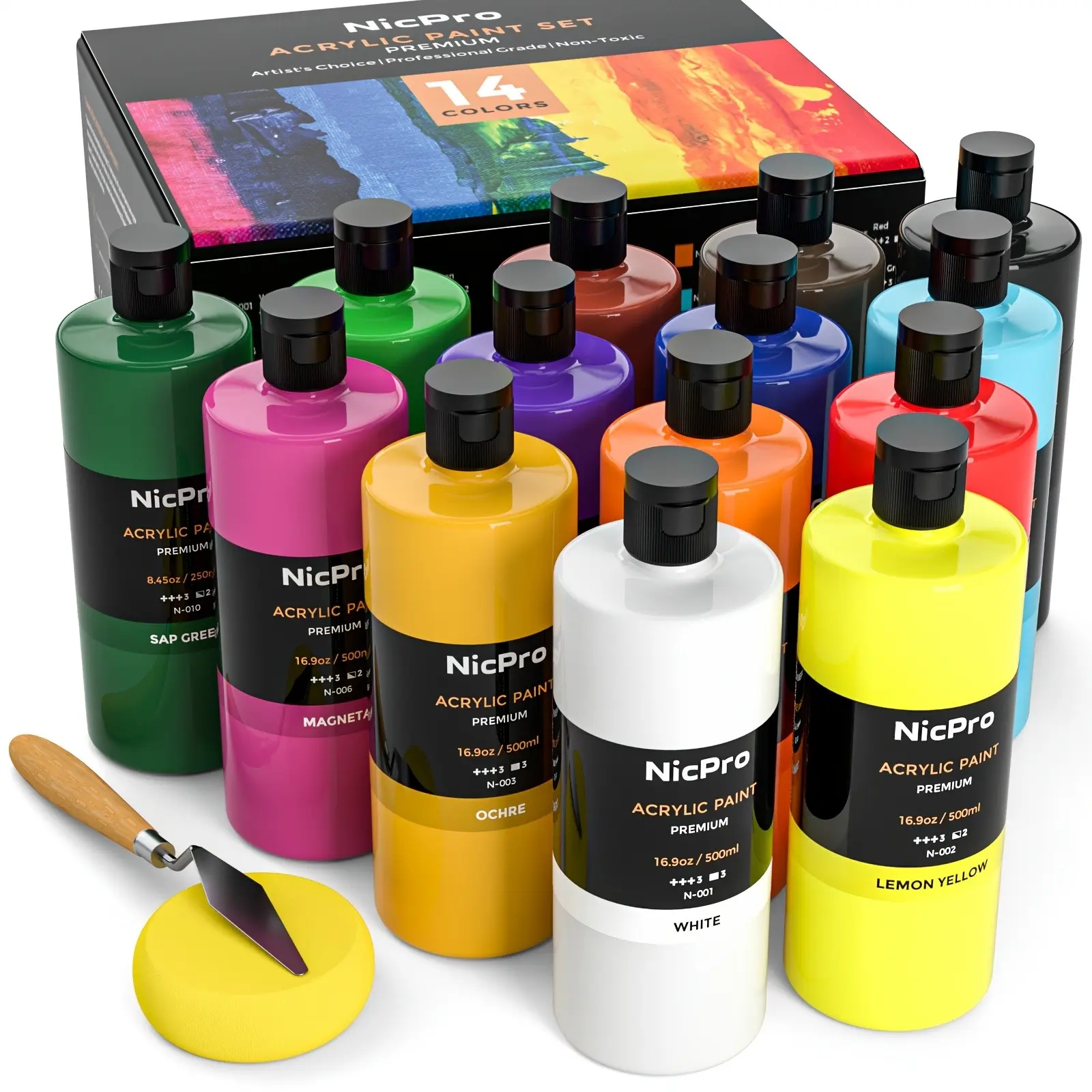 14 Colors Large Bulk Acrylic Paint Set (16.9 Oz, 500 Ml) Non-Toxic Art Painting Supplies for Multi Surface Fabric Canvas Wood Leather Stone, Craft Paint for Adult Beginner & Professional Paintings with Color Wheel