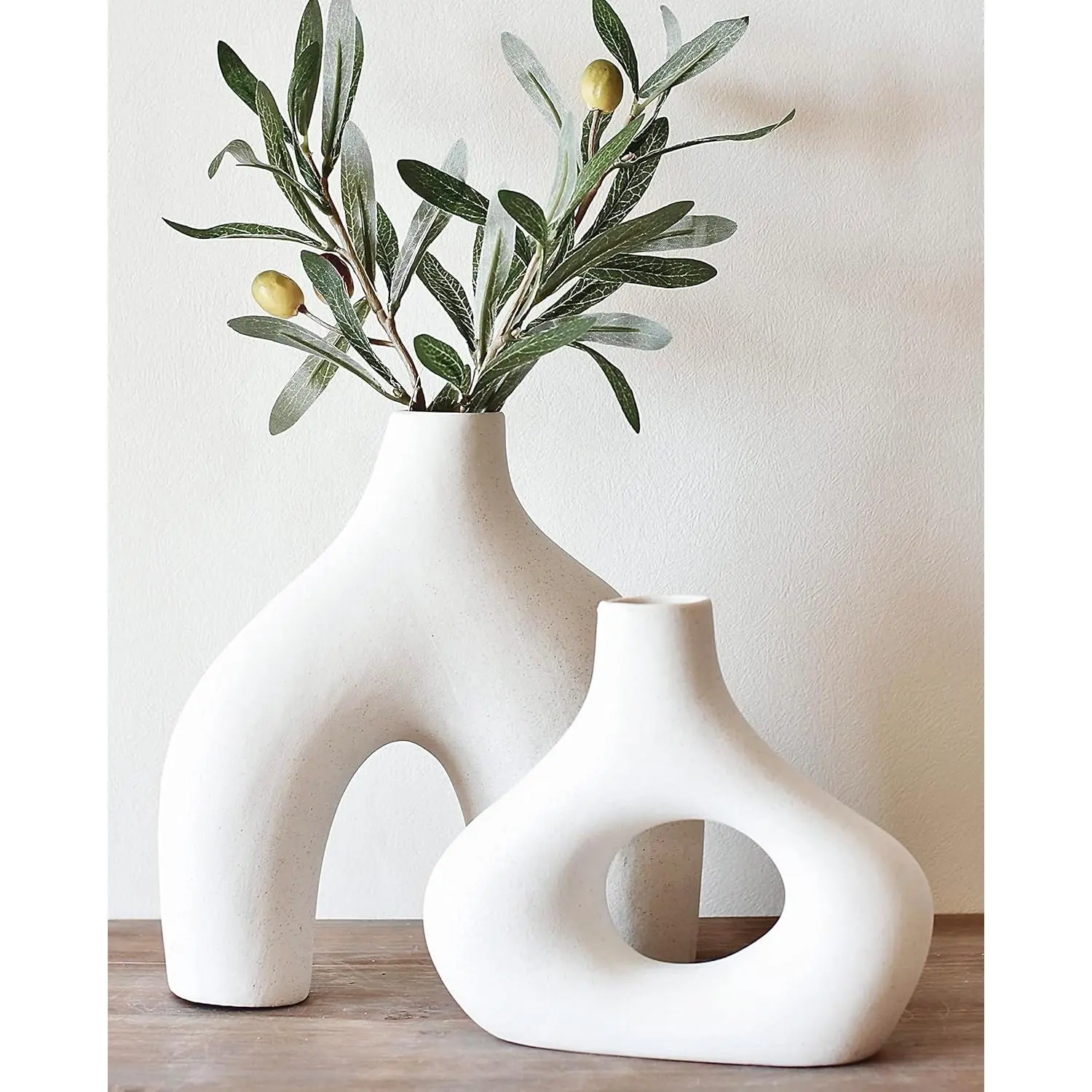 Donut Vase, Set of 2 - White Large Ceramic Vase - Minimalist Nordic, Hollow | Table Centerpiece, Olive , Wedding, Living Room, Bookshelf, Office, Modern Home, Entryway, Console