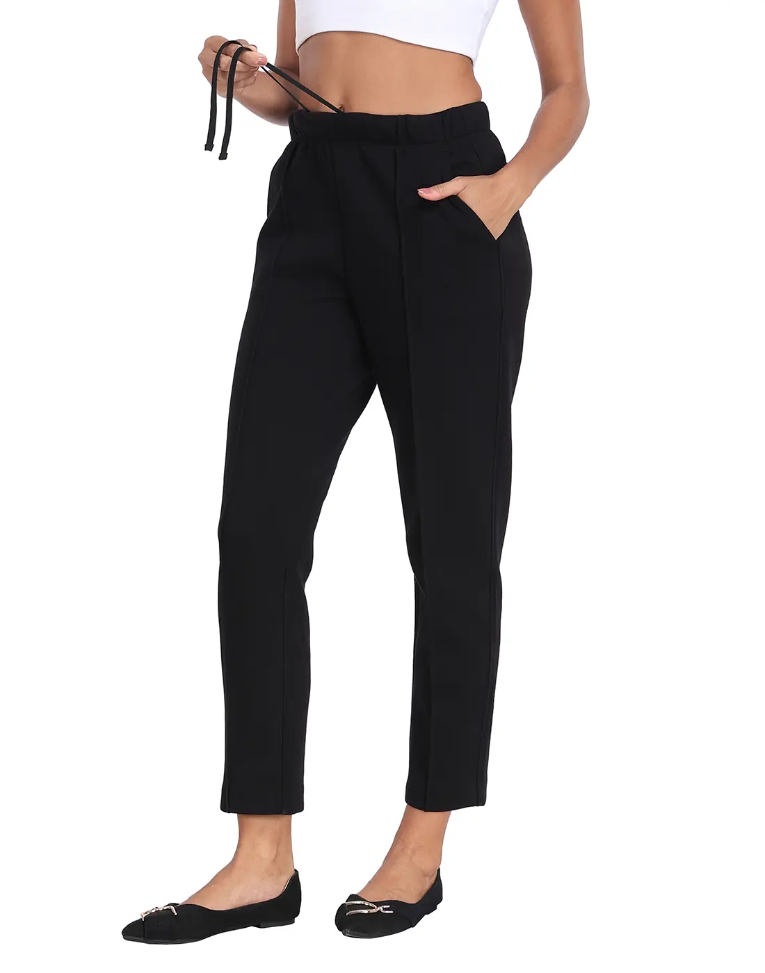 HDE Women's Pull-On Pintuck Pants, Dressy Cotton Blend Loungewear Trousers with High-Rise Elastic Waist and Pockets for Travel & Casual Style, Bottom, Basic, Basics