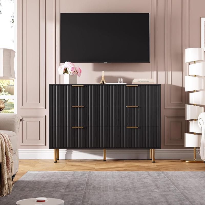 Fluted 6 Drawer Dresser for Bedroom,47.2 in Wide Modern Chest of Drawers with Deep Drawers,Large Double Dresser TV Stand,Wooden Organizer for Living Room,Hallway,Kids Room,Black