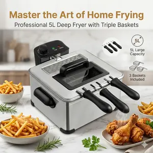 1400W stainless steel body, 3 frying baskets, extra large glass touchscreen, viewing window, adjustable temperature and removable oil pot. Ideal countertop fryer for home & commercial use, perfect for frying chicken, fries, onion rings and tempura.