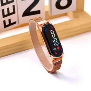 1pc Ladies' Led Magnetic Milanese Band Wrist Watch For Student, Couple, Waterproof, Touch Screen, Run Light, 24hr Stopwatch, Alarm, Calendar, Electronic Watch Suitable For Daily Decoration